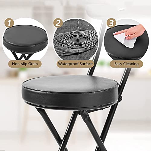 18" Folding Stool with Backrest, Leather Padded Seat, Black O8455