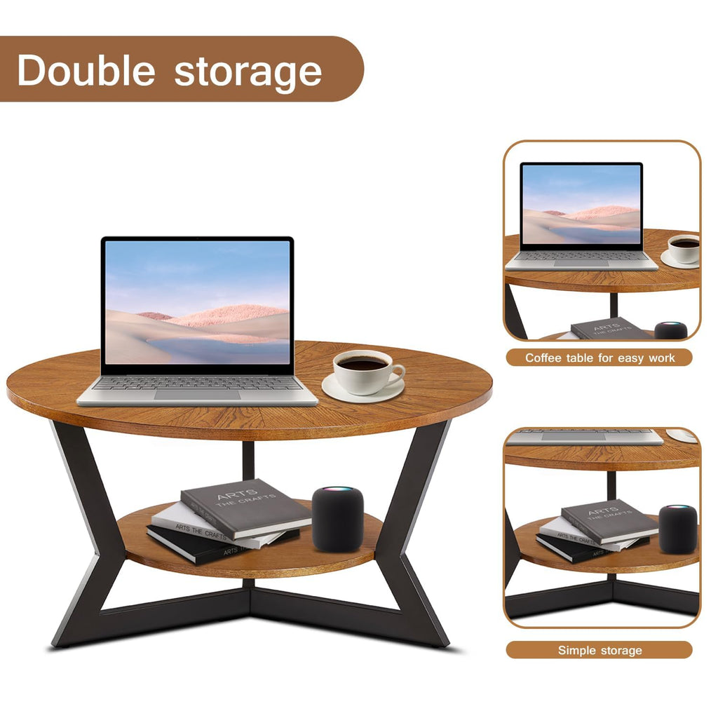Brown 2-Tier Solid Wood Round Coffee Table E6002