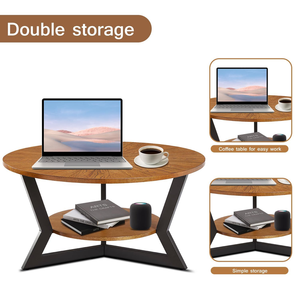 Brown 2-Tier Solid Wood Round Coffee Table E6002