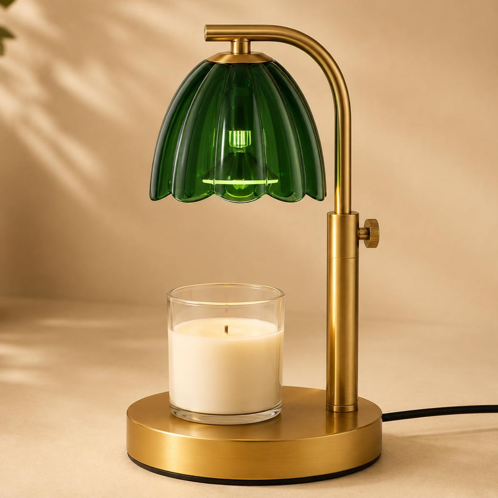 Scalloped Glass Candle Warmer Lamp with Timer, Dimmable, Adjustable Height, Gold Metal, Green I886