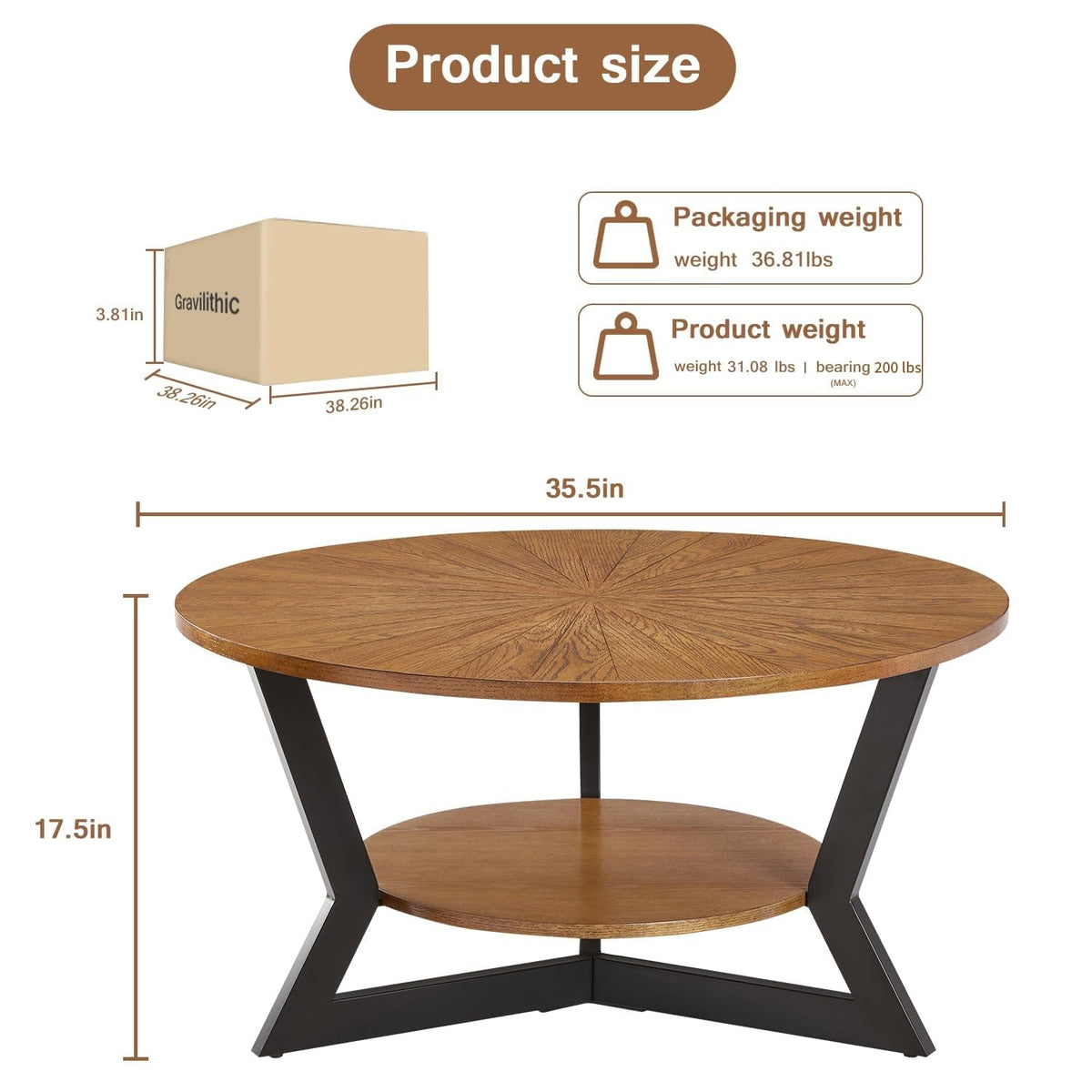 Brown 2-Tier Solid Wood Round Coffee Table E6002