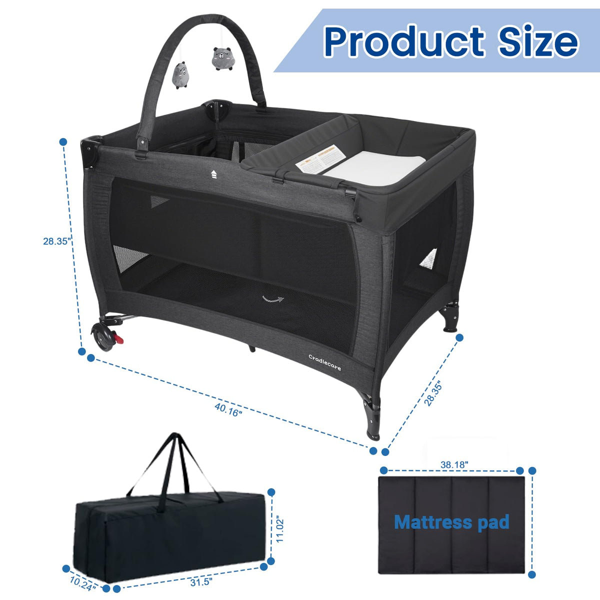 3-in-1 Pack and Play with Changing Table & Carry Bag, Black T315883