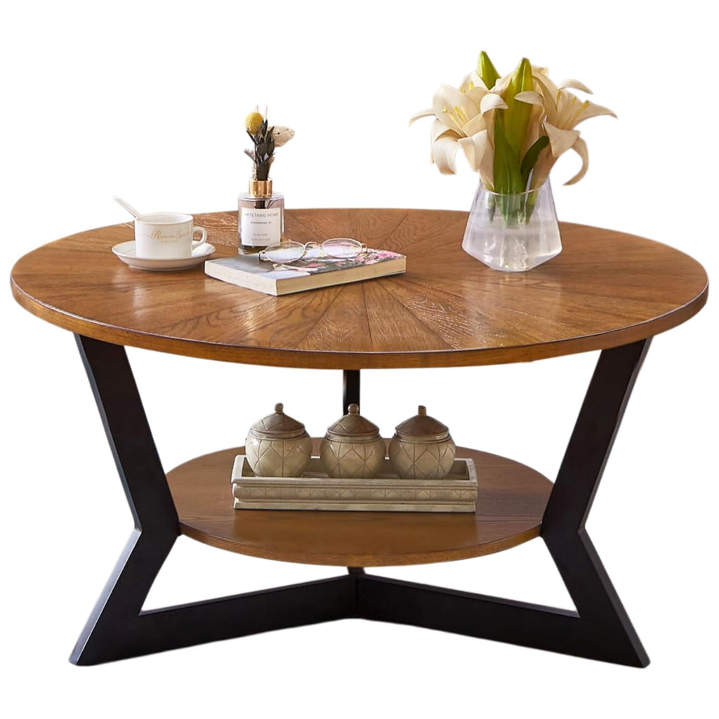 Brown 2-Tier Solid Wood Round Coffee Table E6002