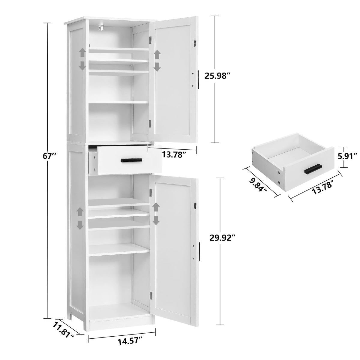 67'' Tall White Storage Cabinet with 4 Shelves & 2 Doors J2354