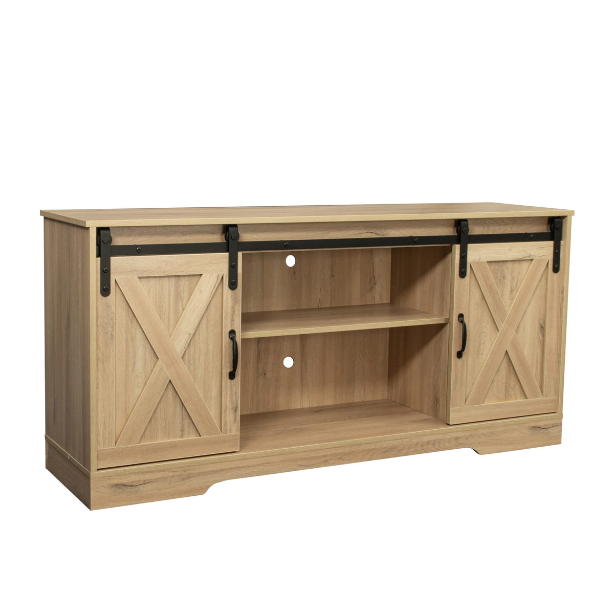 Rustic Oak Wood TV Stand with Sliding Barn Door K8235