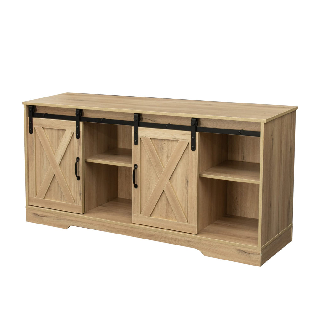 Rustic Oak Wood TV Stand with Sliding Barn Door K8235