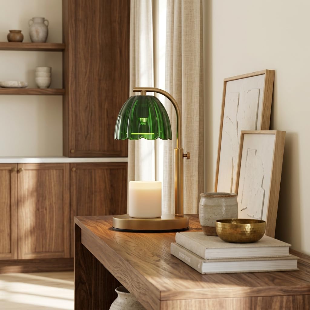 Scalloped Glass Candle Warmer Lamp with Timer, Dimmable, Adjustable Height, Gold Metal, Green I886