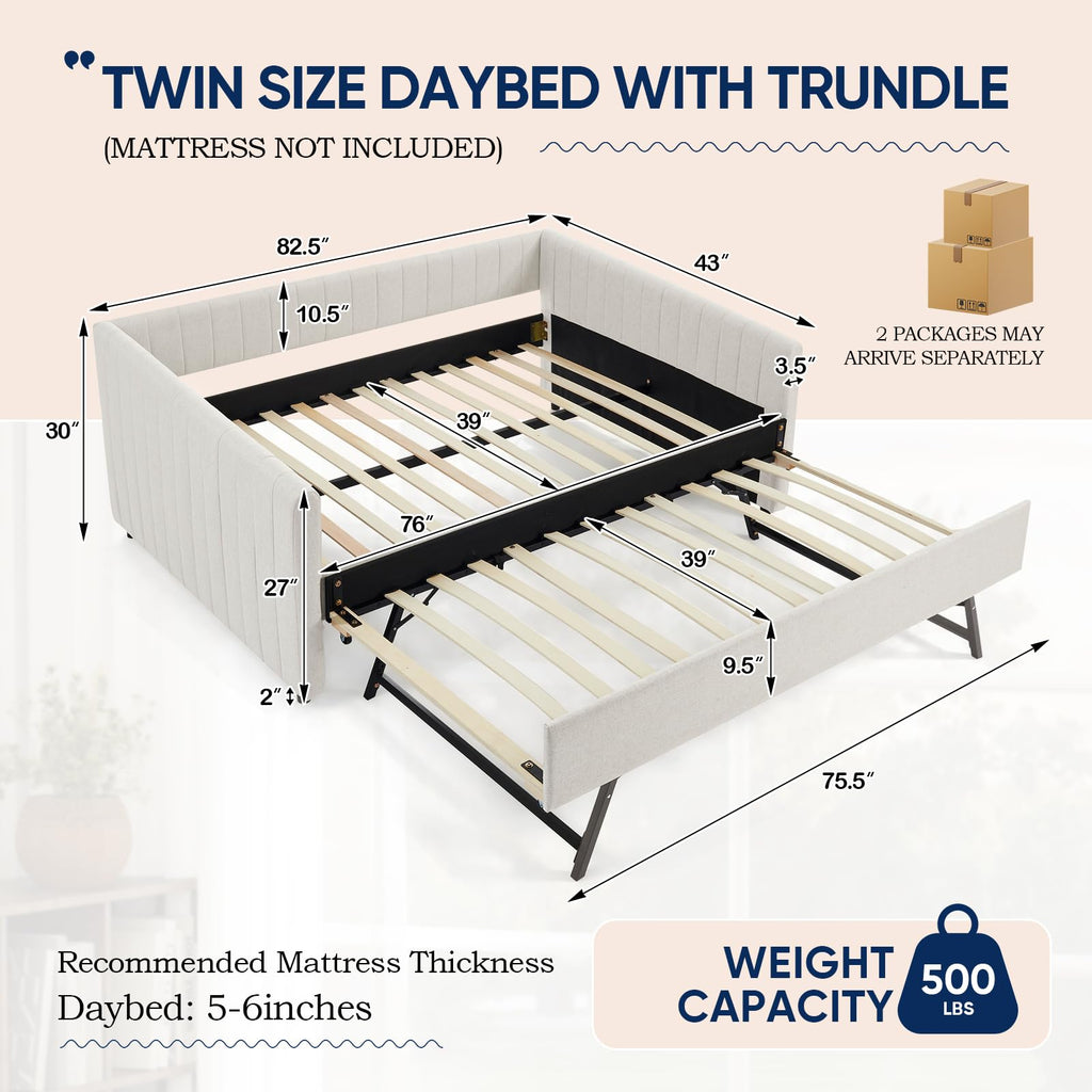 Beige Linen Twin Size Daybed with Trundle A5863