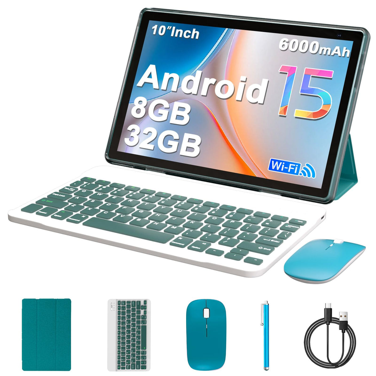 Android 15 Tablet 10 inch, 8GB RAM 32GB ROM, 2 in 1 Tablet with Keyboard Case, 1280x800 HD IPS Screen, Navy S563822