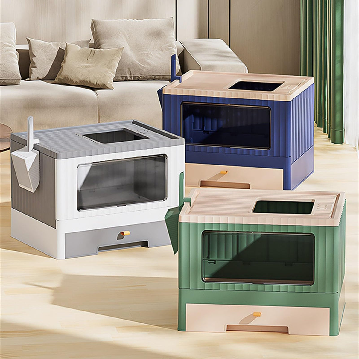 Foldable Enclosed Cat Litter Box with Lid and Scoop D7493