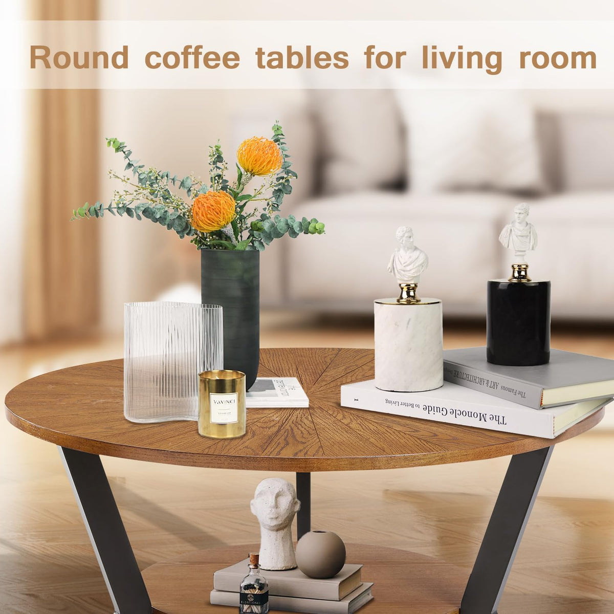 Brown 2-Tier Solid Wood Round Coffee Table E6002