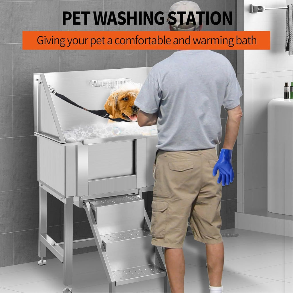 38 Inch Stainless Steel Dog Grooming Tub with Ramp O97285