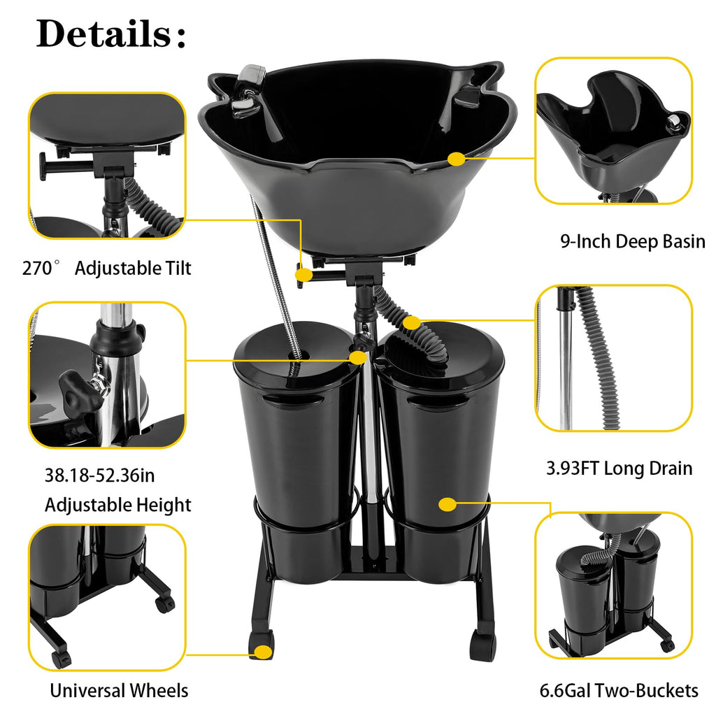 Portable Mobile Shampoo Bowl with Electric Pump, 2 Bucket, Drain Hoses, Height-Adjustable K540980