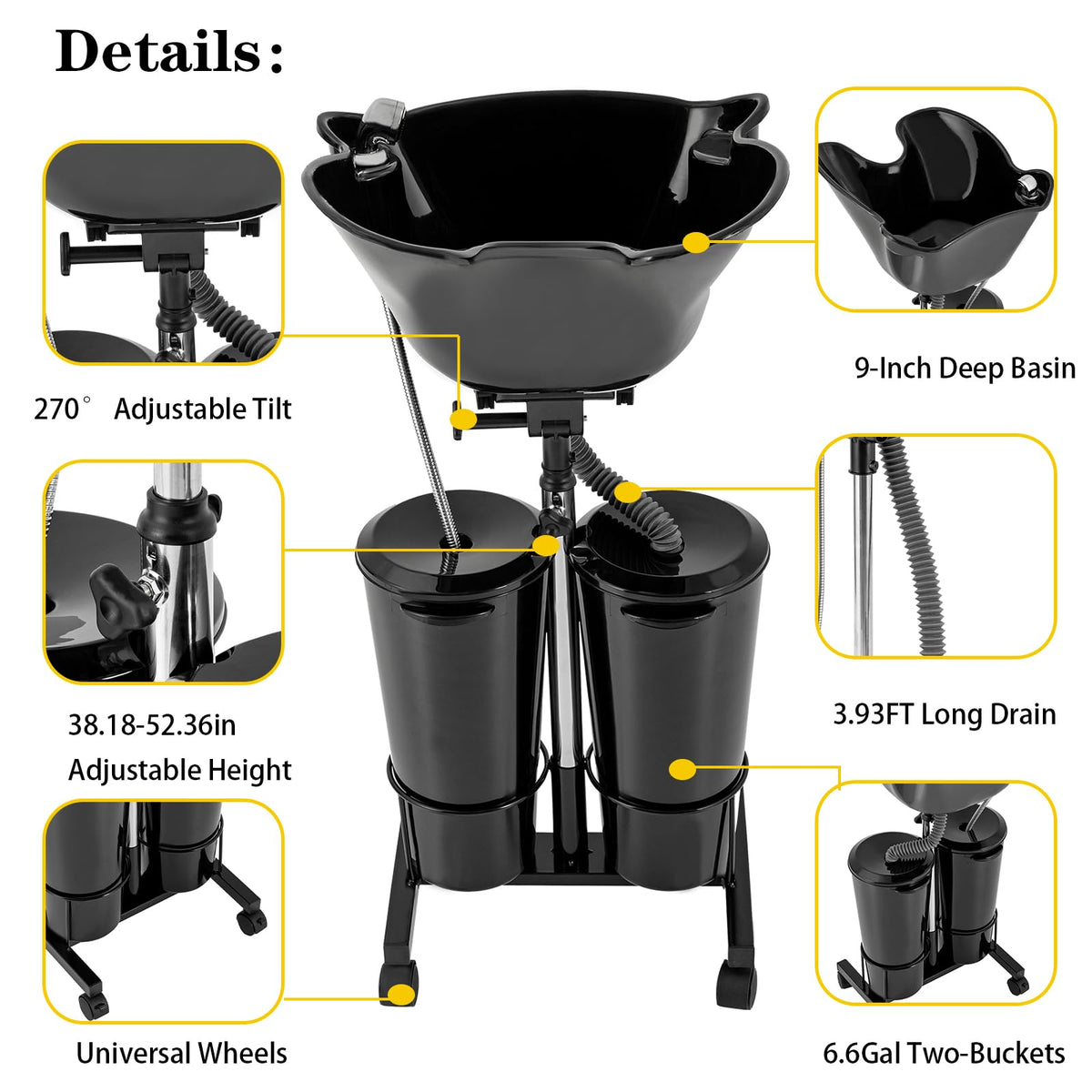 Portable Mobile Shampoo Bowl with Electric Pump, 2 Bucket, Drain Hoses, Height-Adjustable K540980