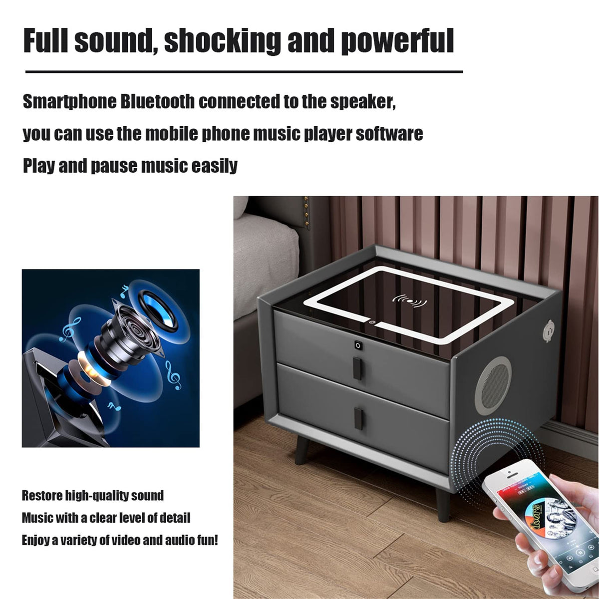 White 3 Drawer Nightstand with Wireless Charging and LED Lights X683