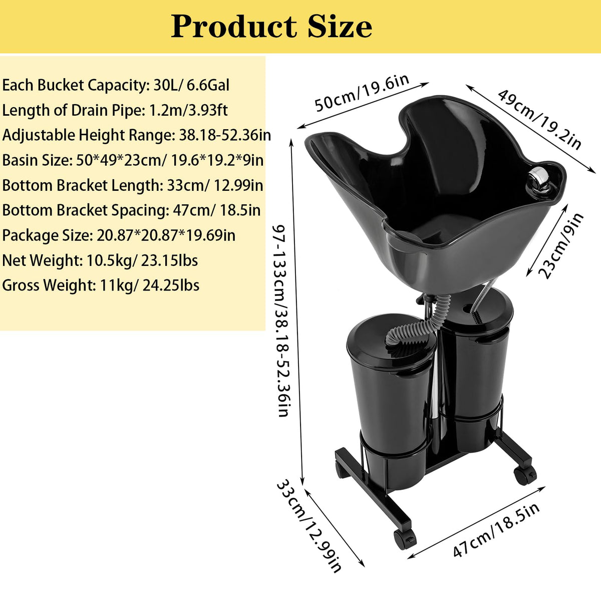 Portable Mobile Shampoo Bowl with Electric Pump, 2 Bucket, Drain Hoses, Height-Adjustable K540980