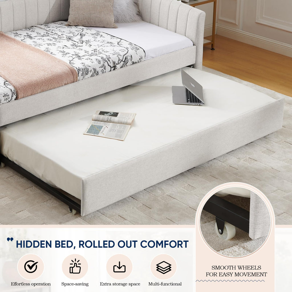 Beige Linen Twin Size Daybed with Trundle A5863