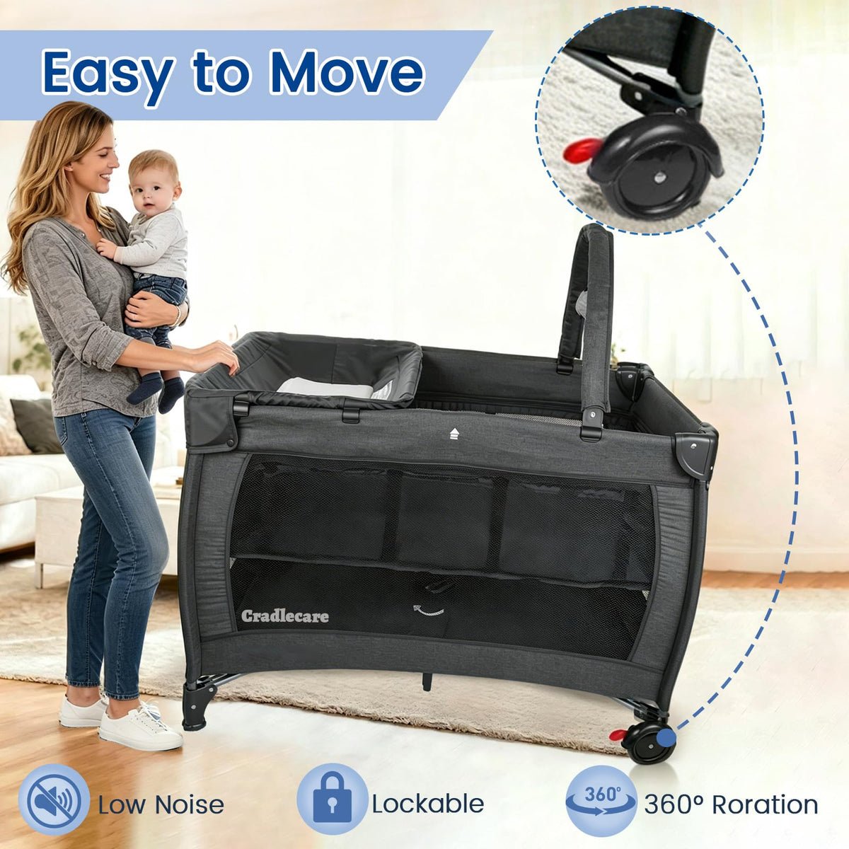 3-in-1 Pack and Play with Changing Table & Carry Bag, Black T315883