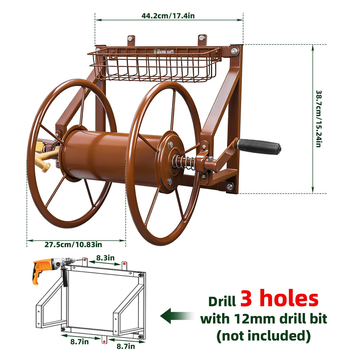 Wall Mount Metal Garden Hose Reel Holds 155ft 5/8" Hose F631211