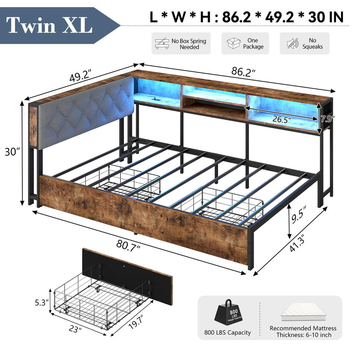 Twin XL Metal Platform Bed Frame with Storage Bookcase Headboard and LED Lights D7071