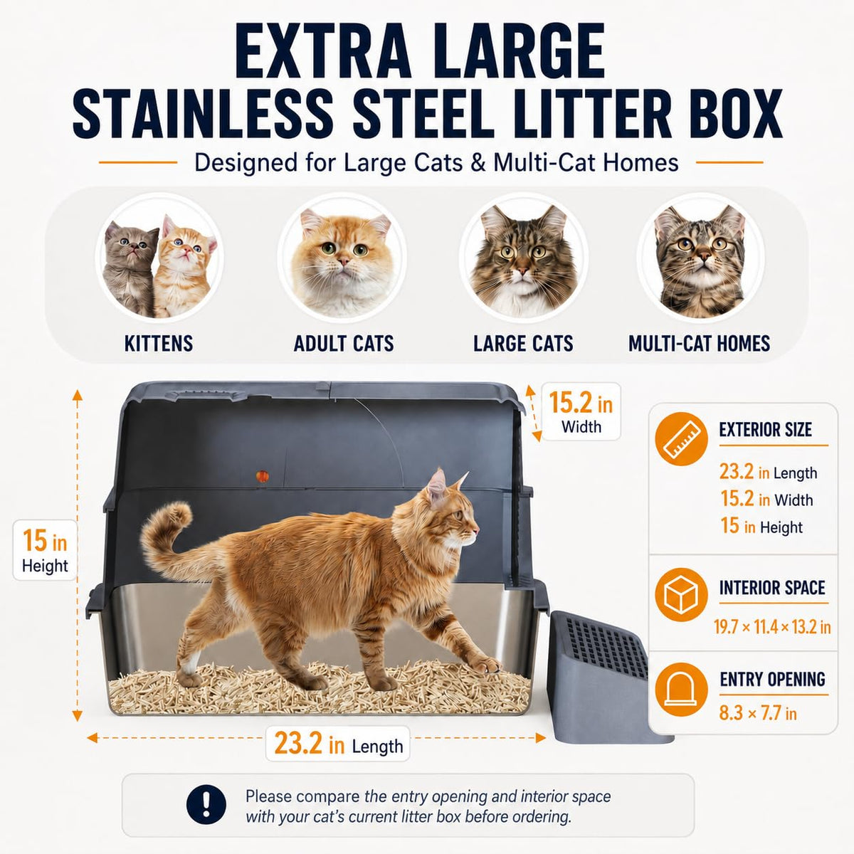 Extra Large Stainless Steel Cat Litter Box with Lid S5388