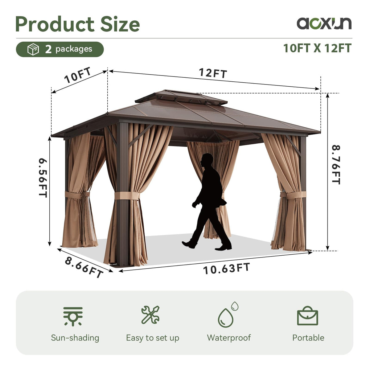 12'x10' Hardtop Gazebo with Polycarbonate Double Roof Q94905