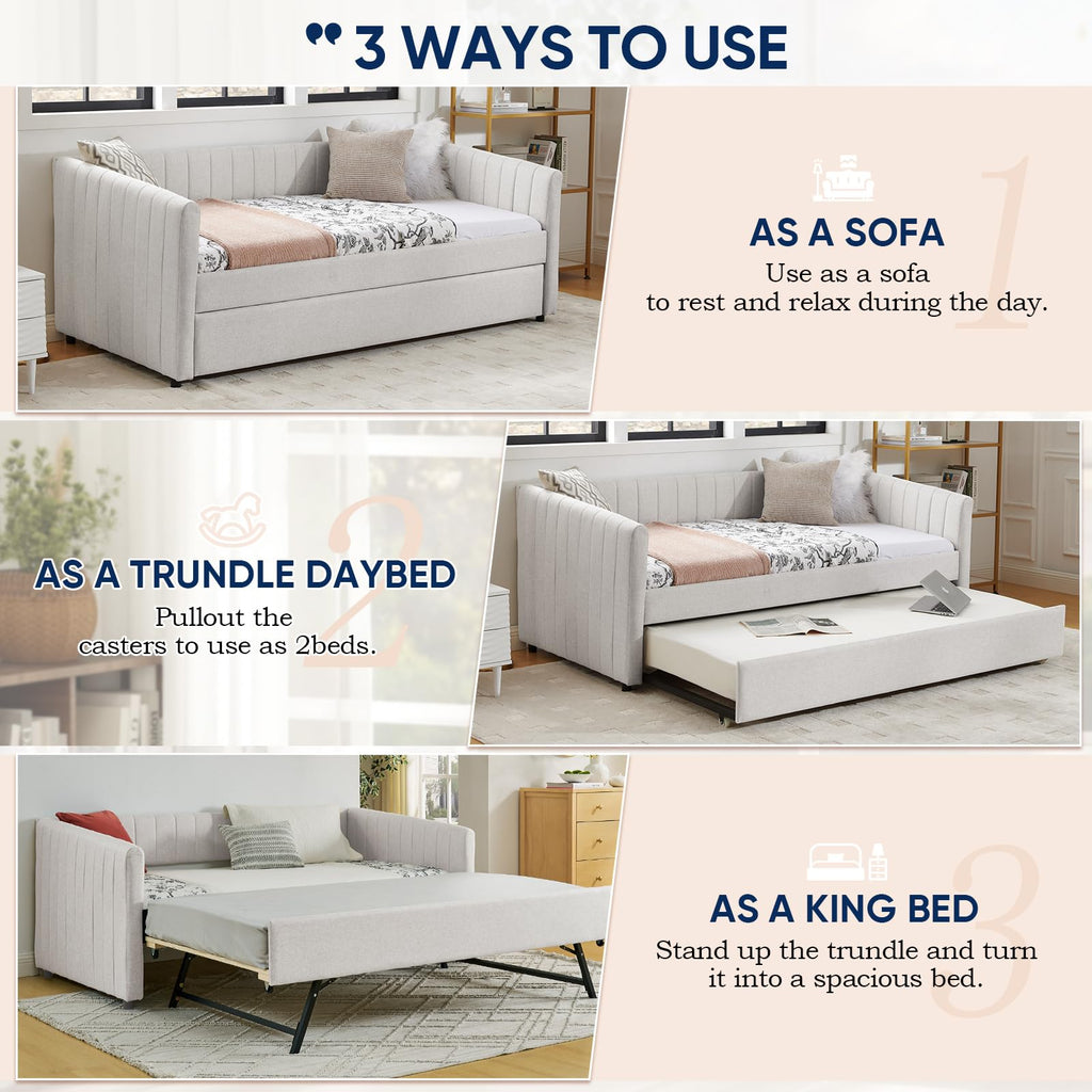 Beige Linen Twin Size Daybed with Trundle A5863
