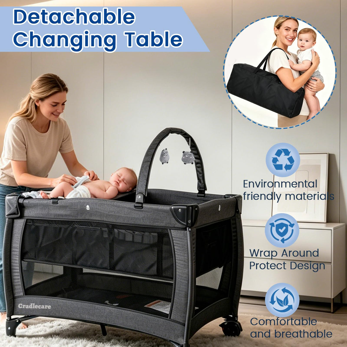 3-in-1 Pack and Play with Changing Table & Carry Bag, Black T315883