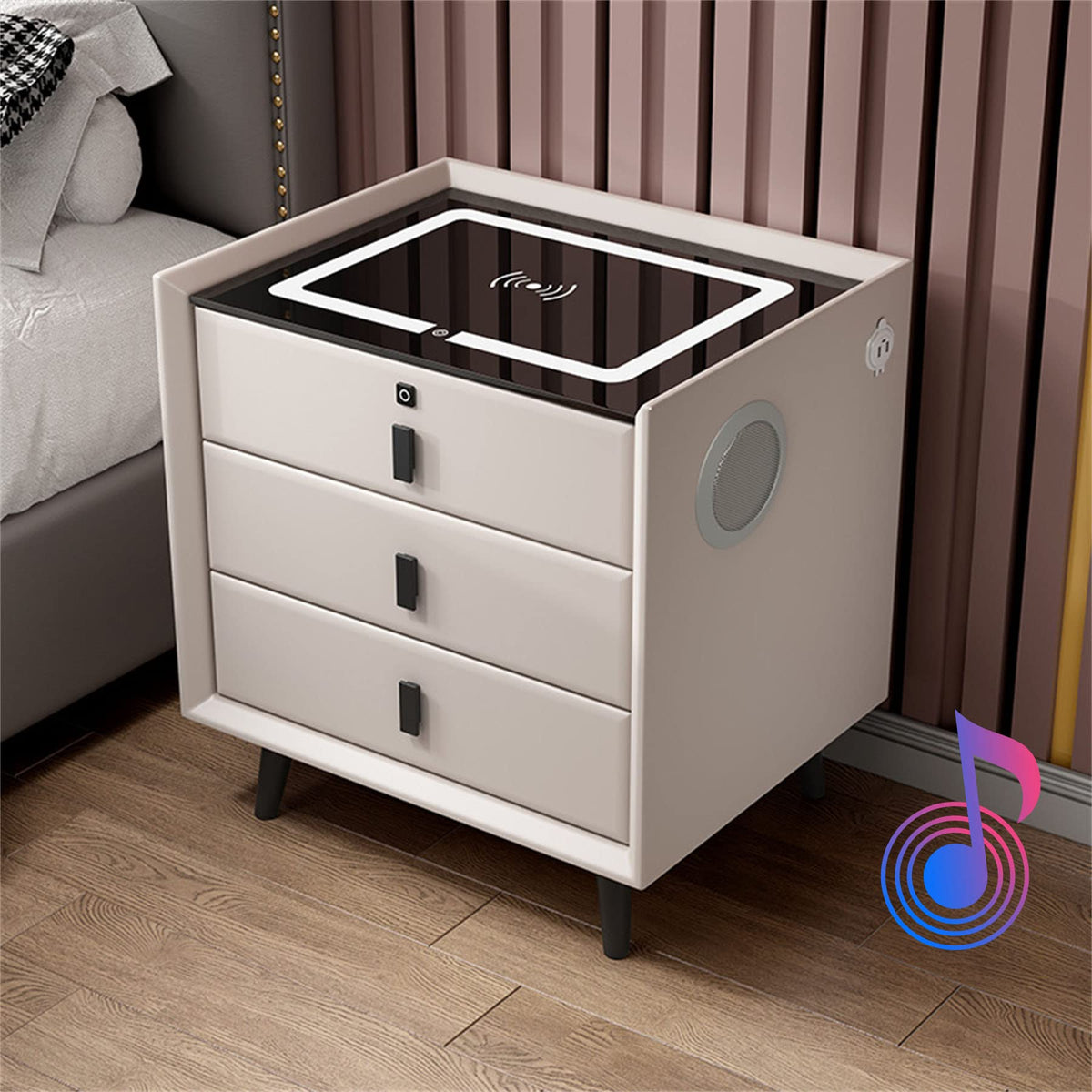 White 3 Drawer Nightstand with Wireless Charging and LED Lights X683
