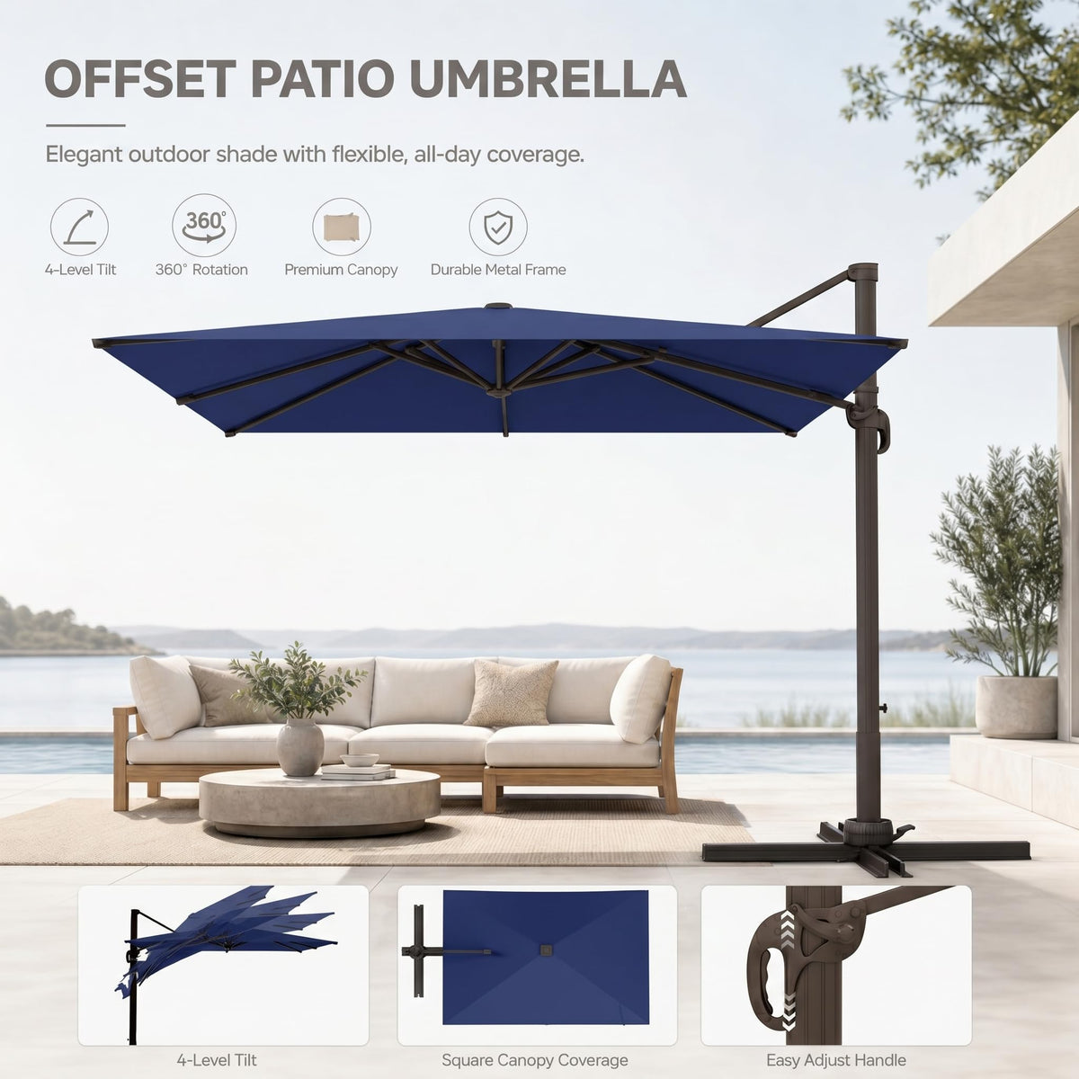 Large Square Cantilever Patio Umbrella with Aluminum Pole L390889