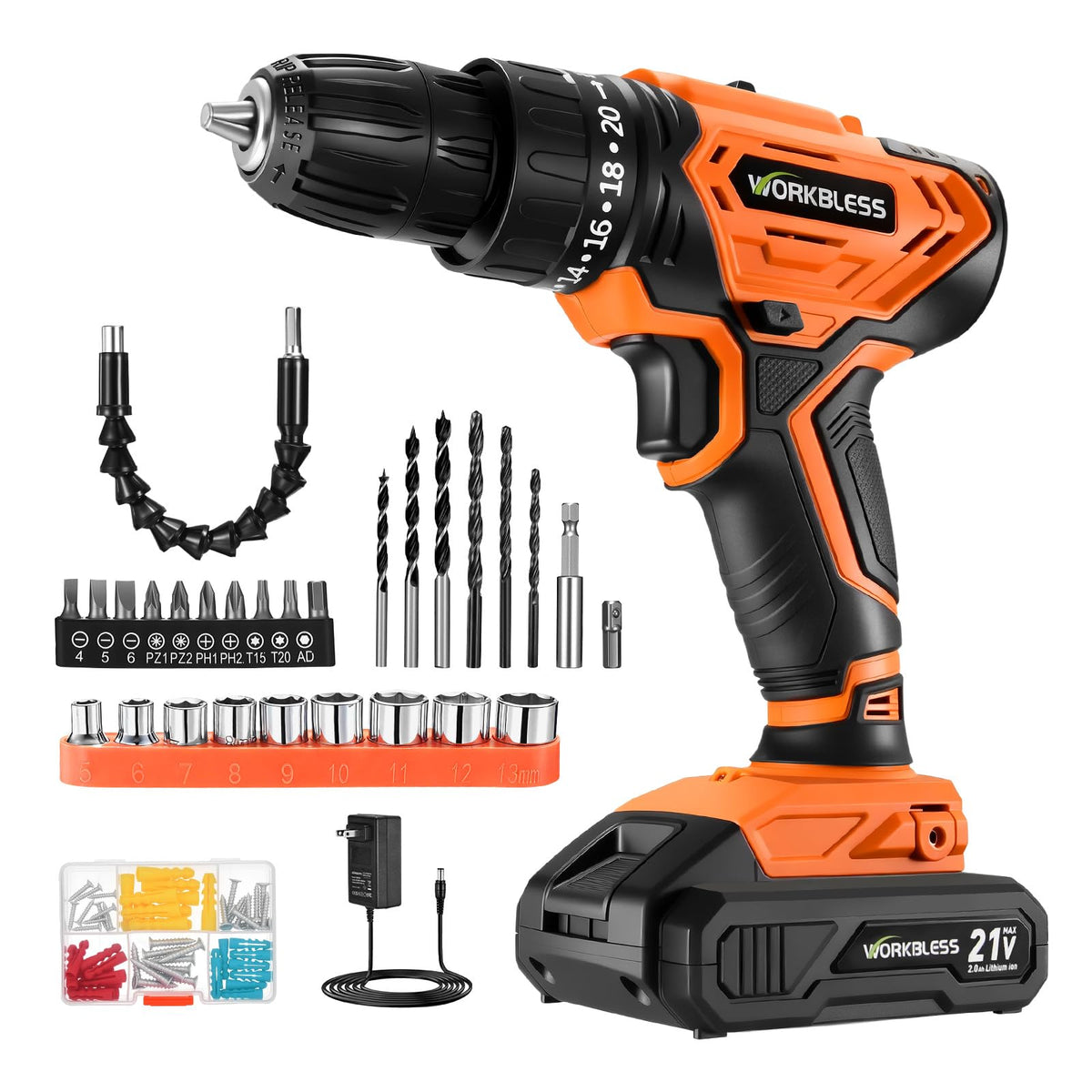 Cordless Drill, 20+1 Torque, 2 Speed, 3/8" Electric Screwdriver with 28pcs Drill Bits Set H58107