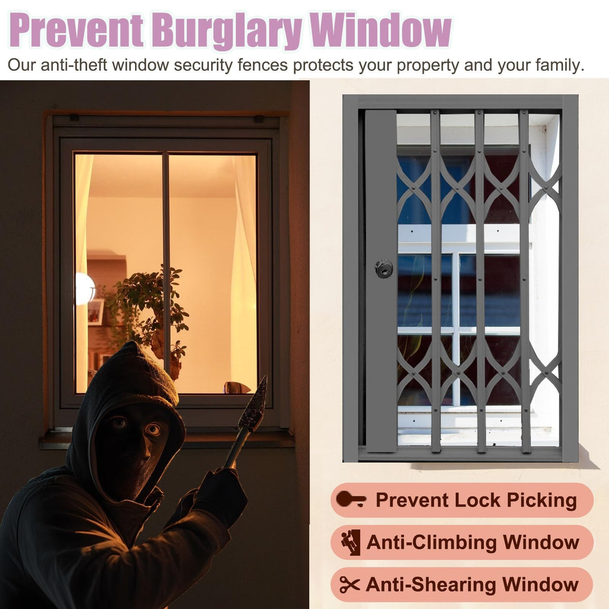 Lockable Folding Aluminum Window Safety Guards, Adjustable Width 24-36 Inch, Black Z17561
