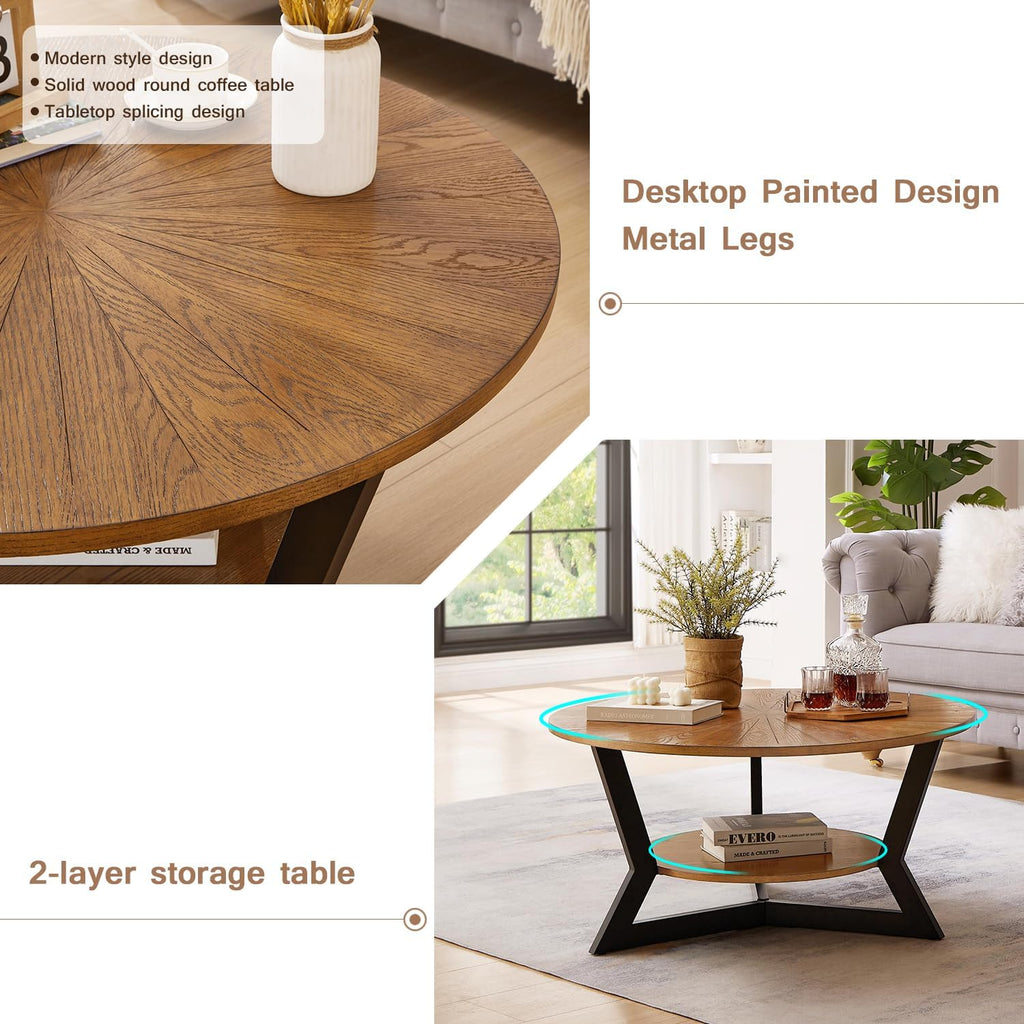 Brown 2-Tier Solid Wood Round Coffee Table E6002