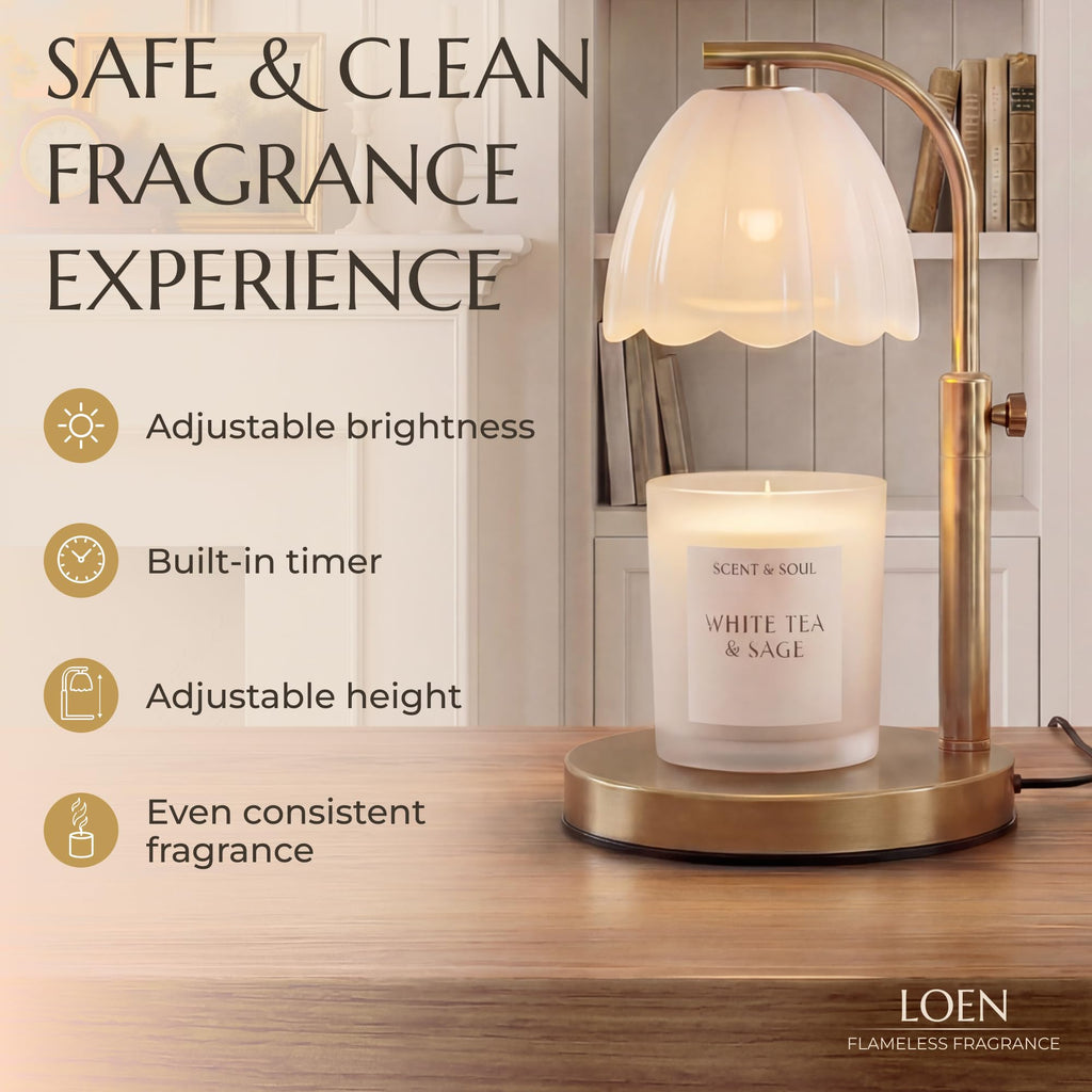 Scalloped Glass Candle Warmer Lamp with Timer, Dimmable, Adjustable Height, Gold Metal, Green I886