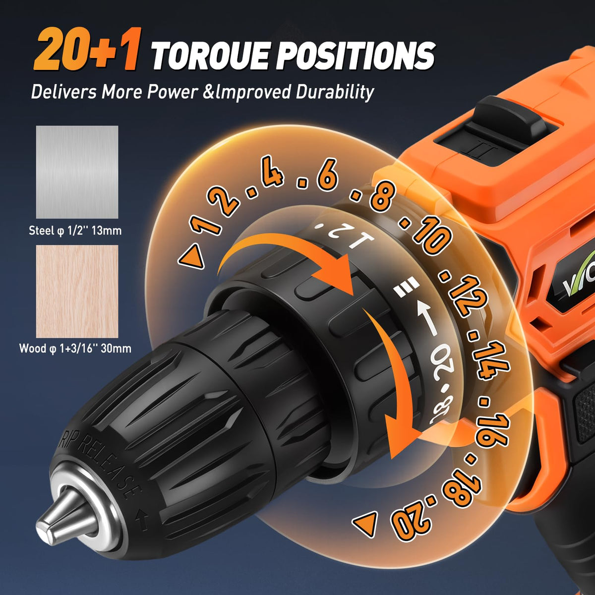 Cordless Drill, 20+1 Torque, 2 Speed, 3/8" Electric Screwdriver with 28pcs Drill Bits Set H58107