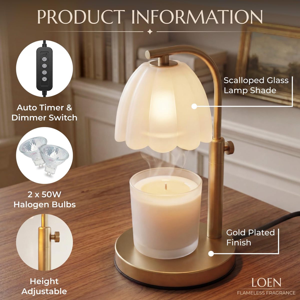 Scalloped Glass Candle Warmer Lamp with Timer, Dimmable, Adjustable Height, Gold Metal, Green I886