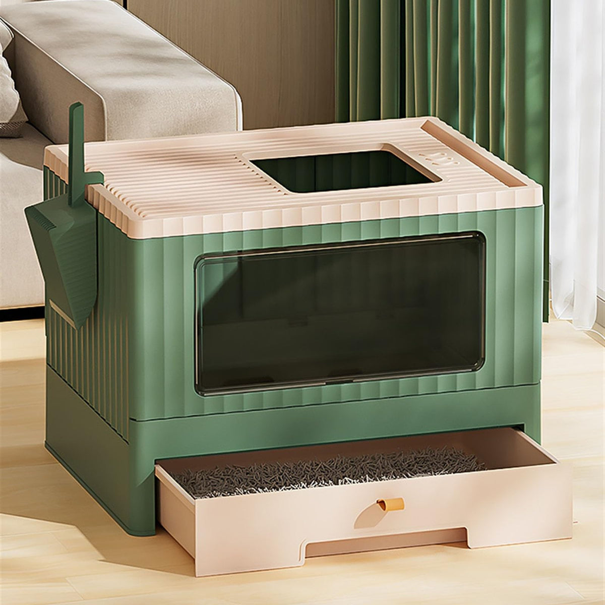 Foldable Enclosed Cat Litter Box with Lid and Scoop D7493