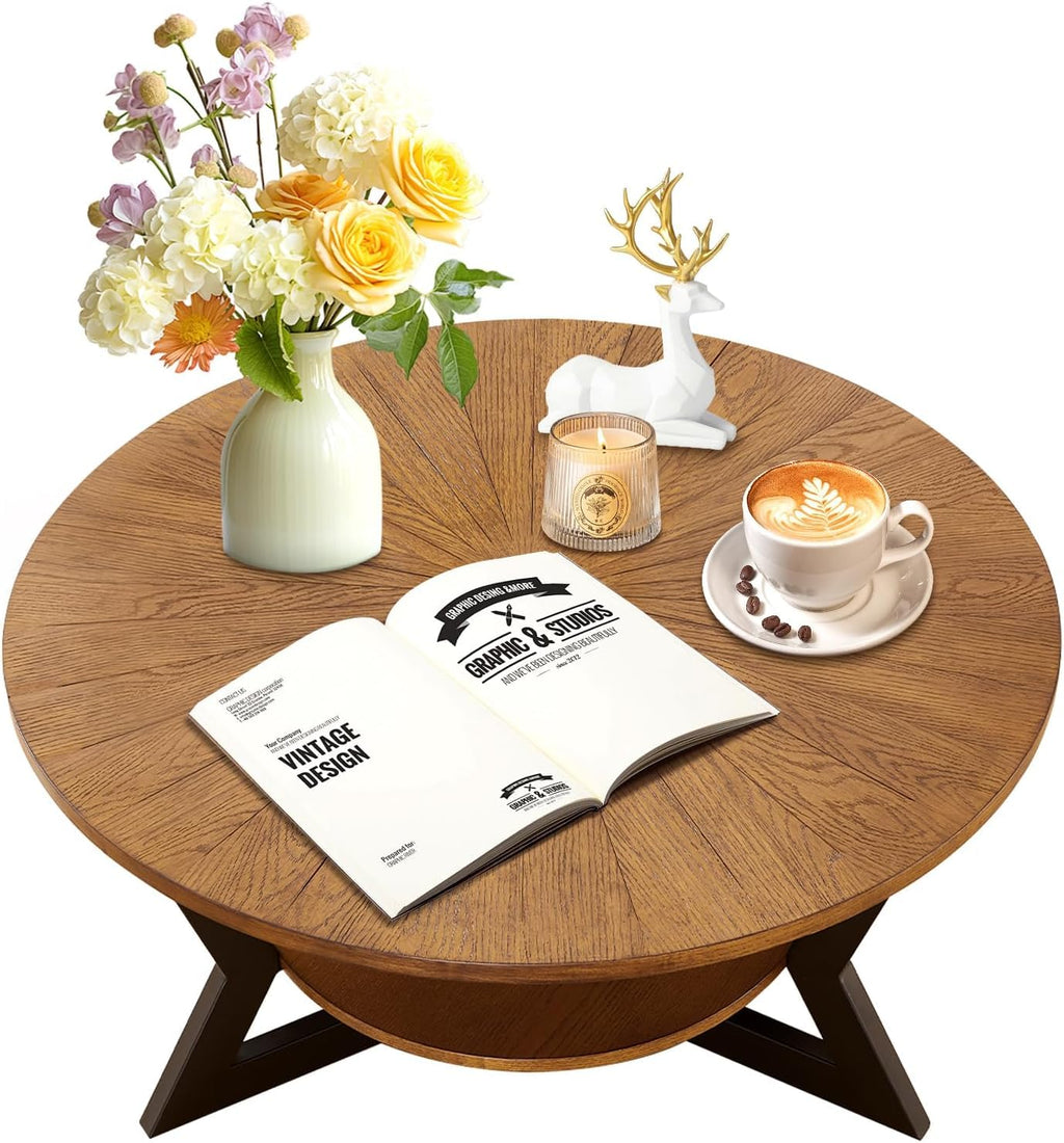 Brown 2-Tier Solid Wood Round Coffee Table E6002
