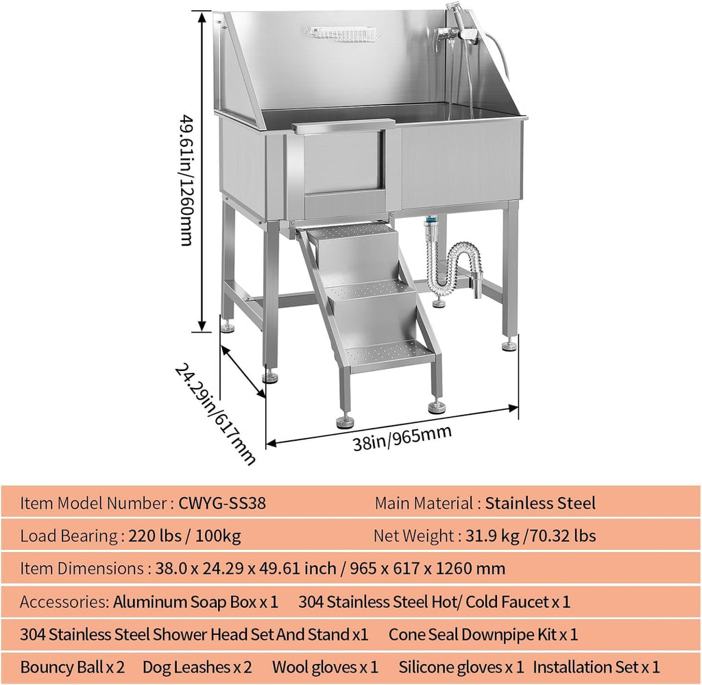 38 Inch Stainless Steel Dog Grooming Tub with Ramp O97285