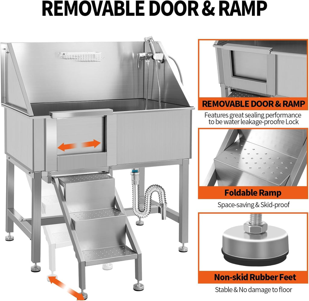 38 Inch Stainless Steel Dog Grooming Tub with Ramp O97285