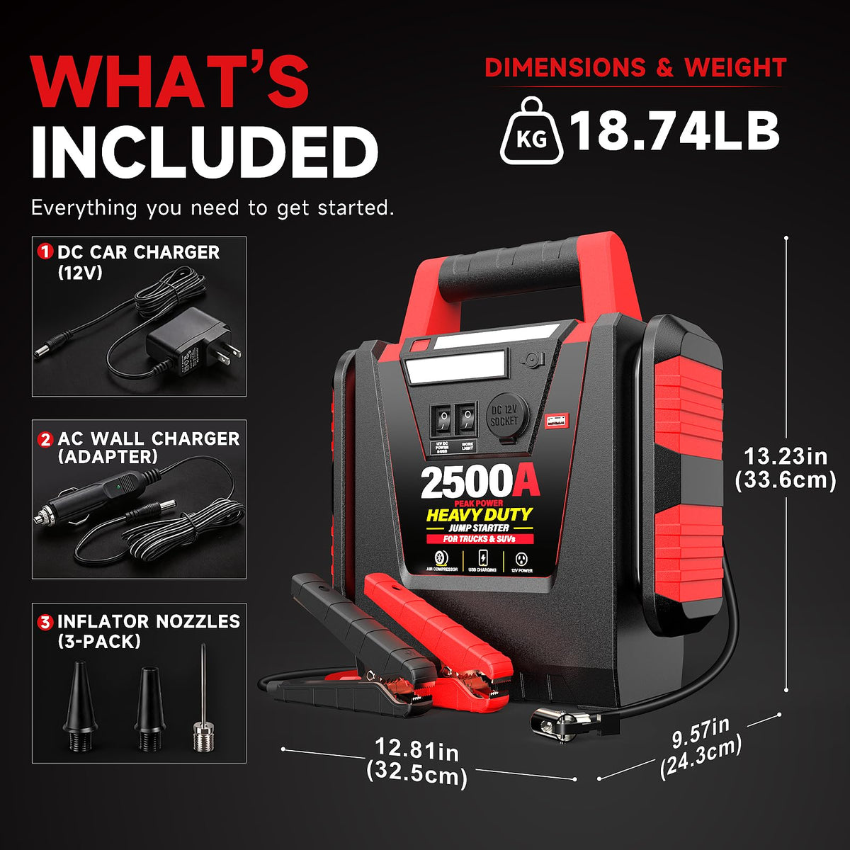 12V Portable Car Jump Starter with Air Compressor and Work Light W875