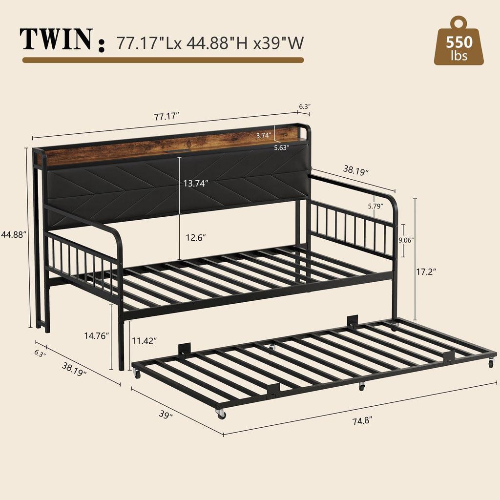 Black Metal Twin Daybed with Trundle and Storage Headboard P9870