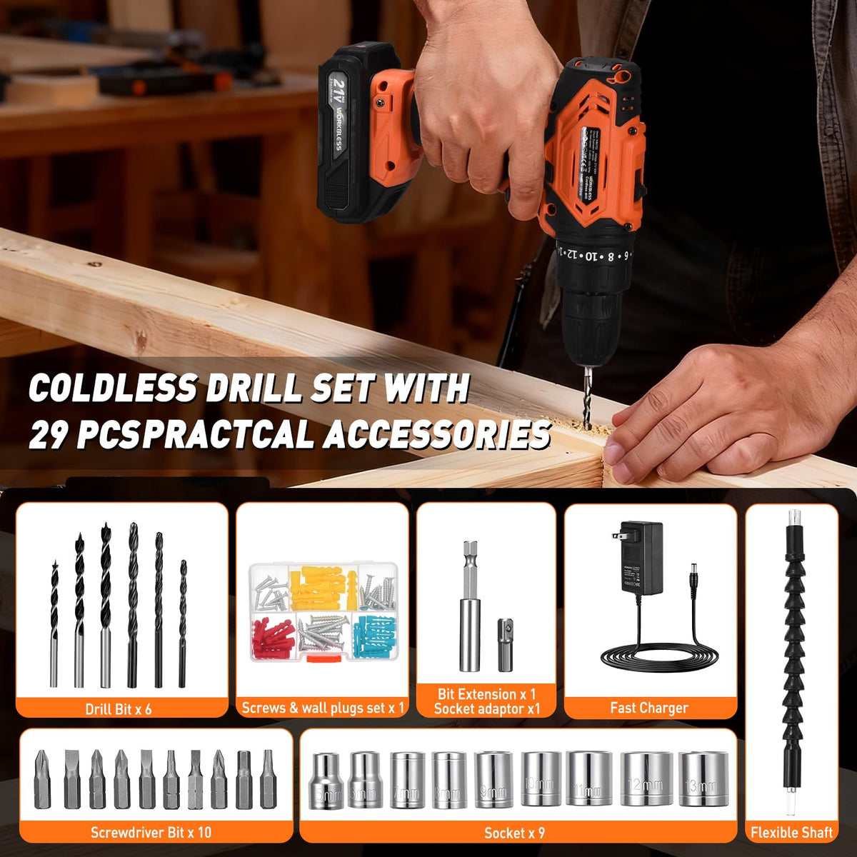 Cordless Drill, 20+1 Torque, 2 Speed, 3/8" Electric Screwdriver with 28pcs Drill Bits Set H58107
