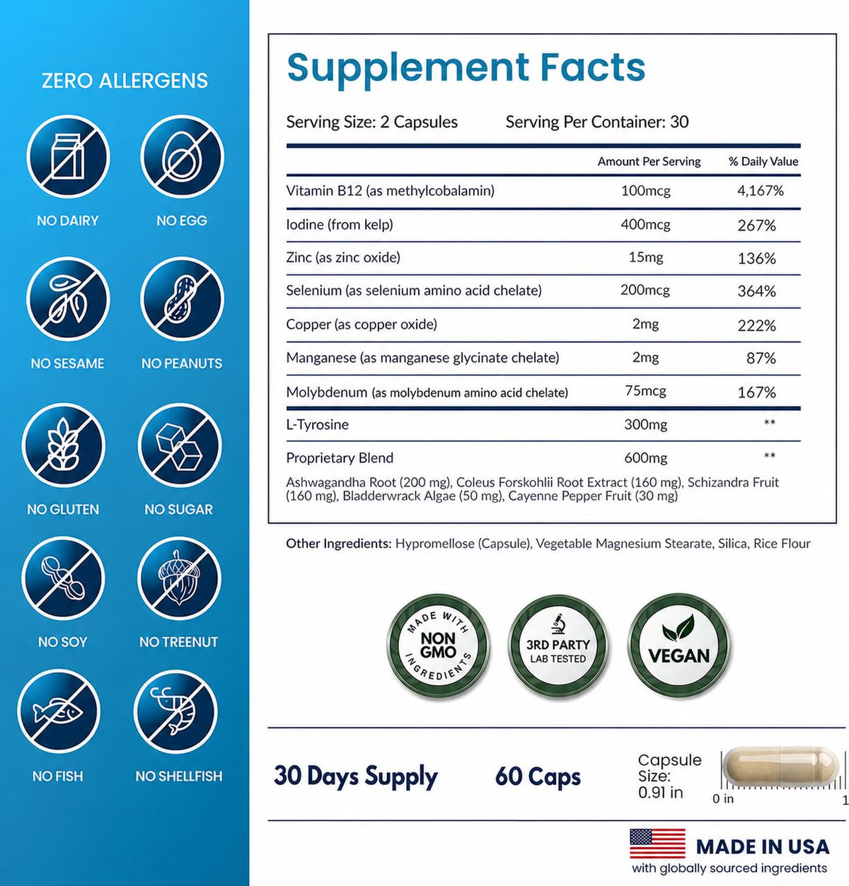 All Natural Thyroid Support Supplement with Iodine, B12, Zinc, Selenium, Ashwagandha - 60 Vegetarian Capsules X77818
