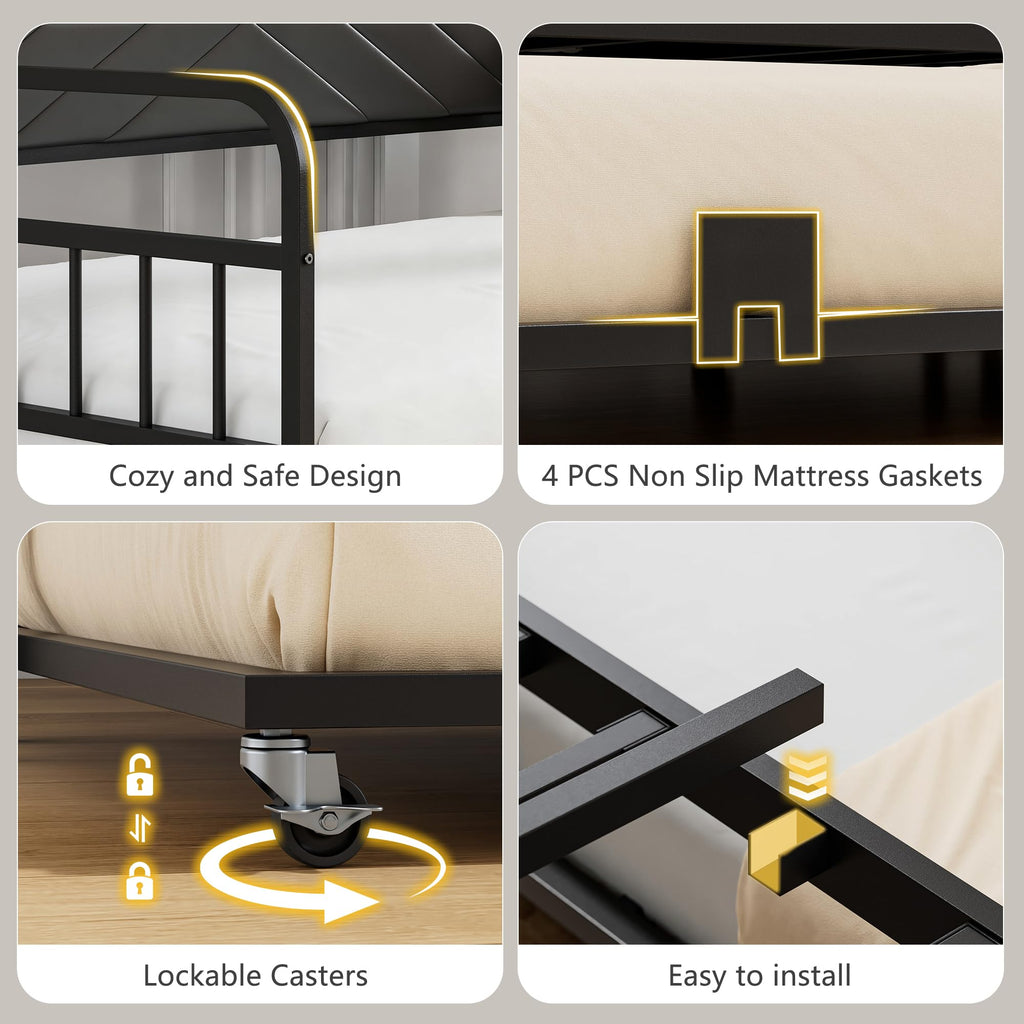Black Metal Twin Daybed with Trundle and Storage Headboard P9870