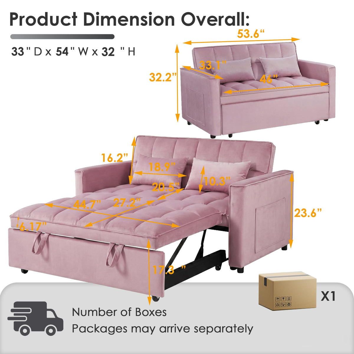 Pink Velvet 54" Sleeper Sofa R541561
