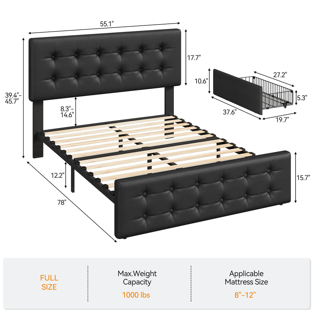 Full Size Bed Frame with 4 Storage Drawers and Headboard, Black O19435