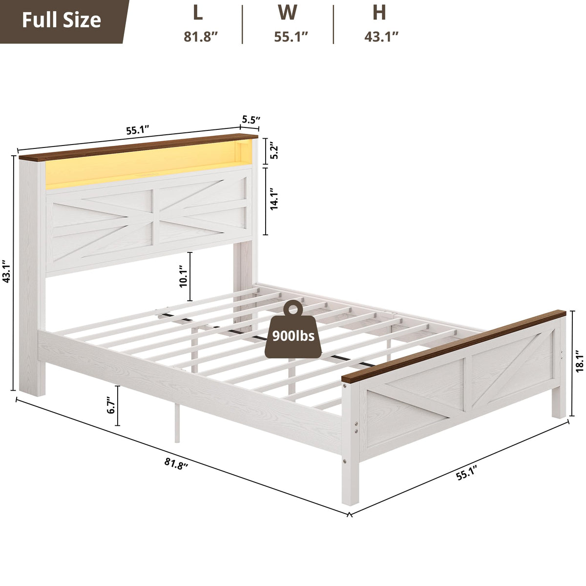 White Full Bed Frame with LED Lights & Charging Station V2840