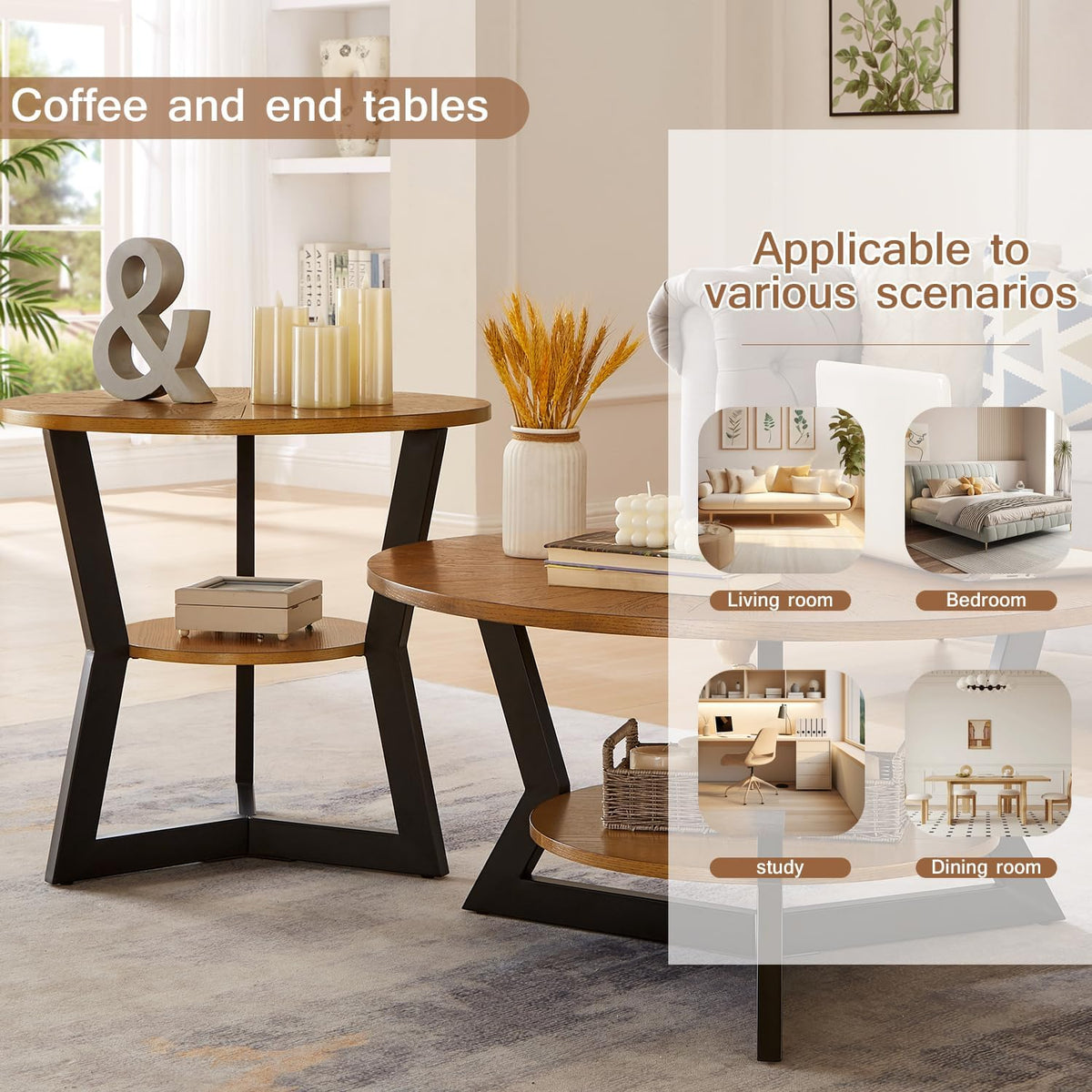 Brown 2-Tier Solid Wood Round Coffee Table E6002