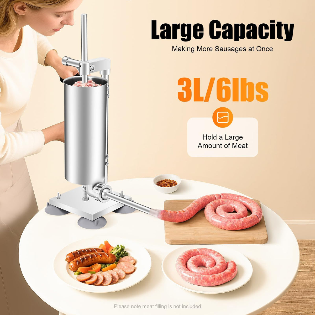 6Lbs Stainless Steel Vertical Sausage Stuffer with 6 Tubes S13798